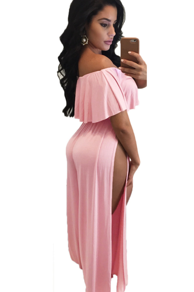 Pink Ruffle Off Shoulder High Slit Wide Leg Party Jumpsuit