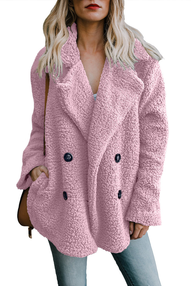 Pink Fleece Open Front Coat with Pockets