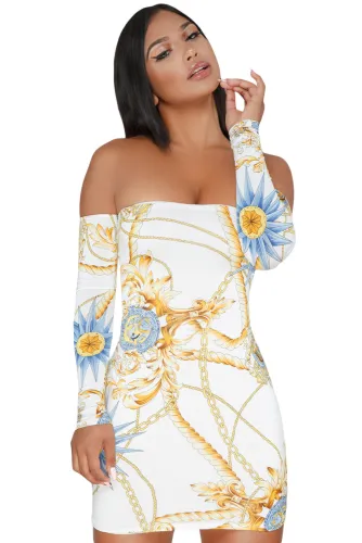 White Chain Print Lace Up Back Off Shoulder Boho Dress