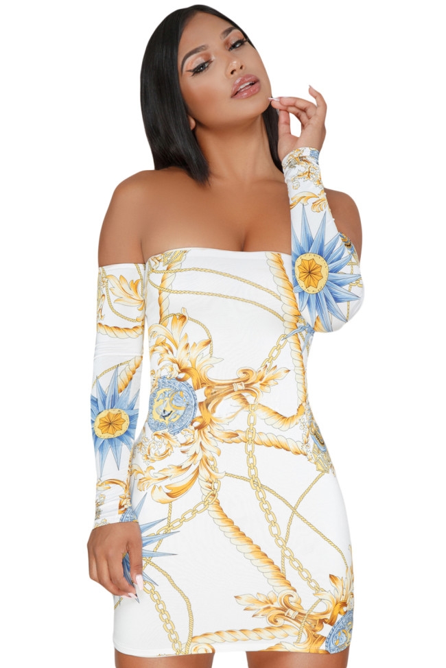 White Chain Print Lace Up Back Off Shoulder Boho Dress