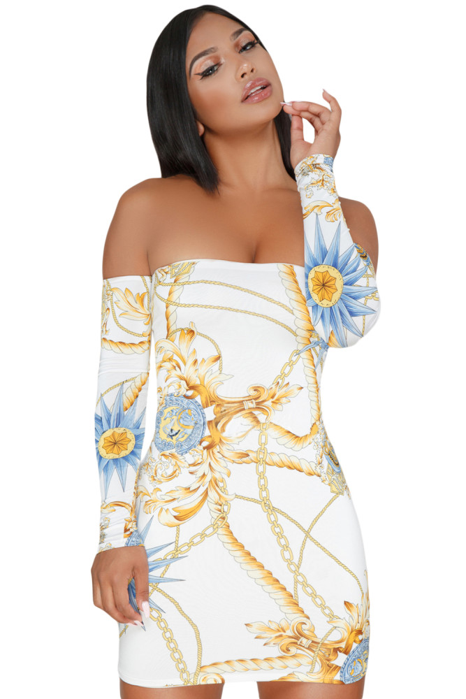White Chain Print Lace Up Back Off Shoulder Boho Dress