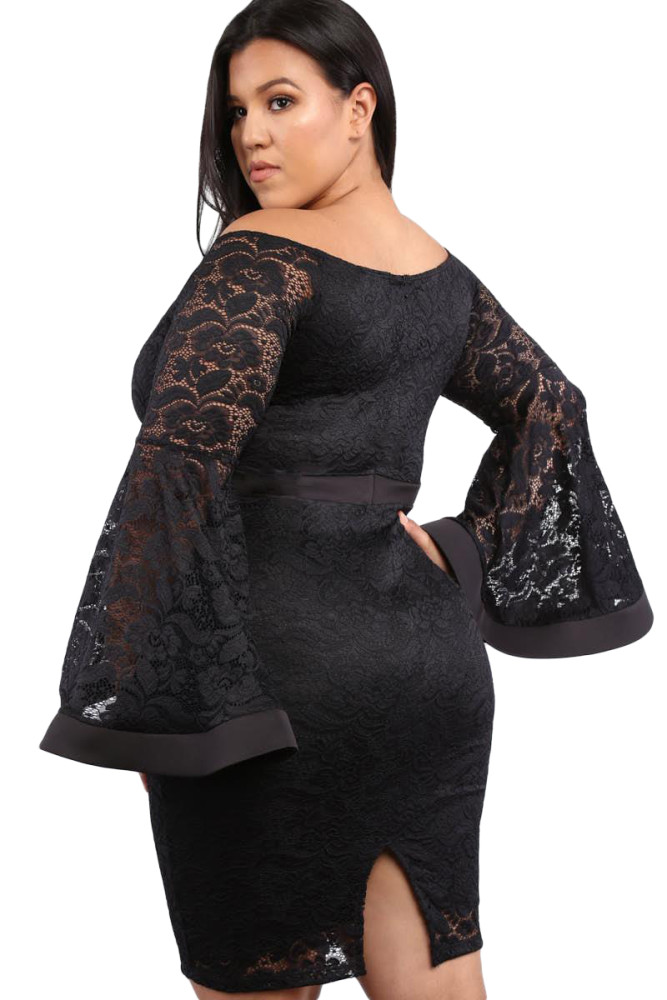 Black Plus Size Long Bell Sleeve Lace Dress