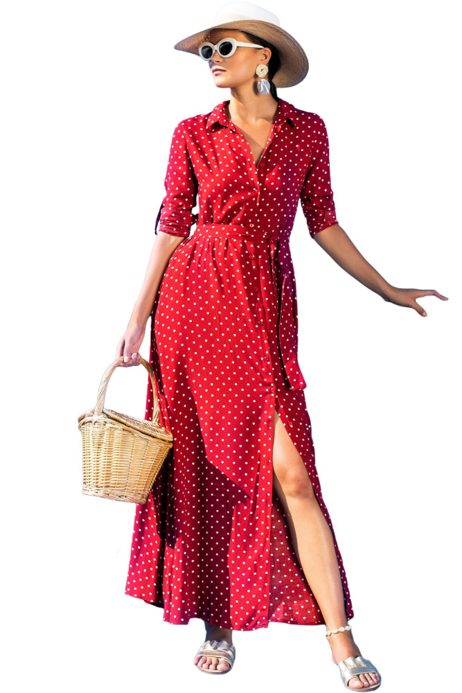 Red Polka Dot Button Down Maxi Shirt Dress