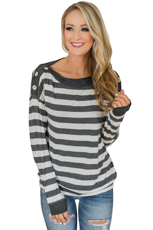 Button On Shoulders Gray Striped Long Sleeve Top
