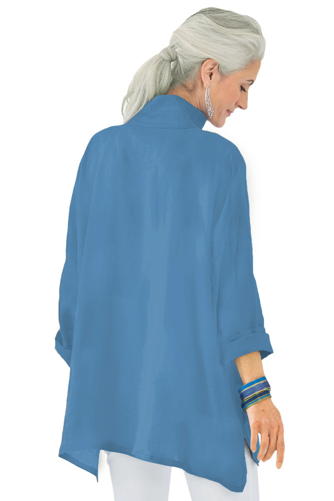 Turquoise Stand Collar Button Front Blouse