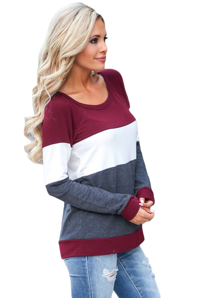 Burgundy White Gray Colorblock Long Sleeve Top