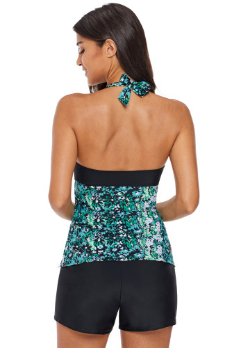 Greenish Floral V-Neck Halter Tankini Swim Top