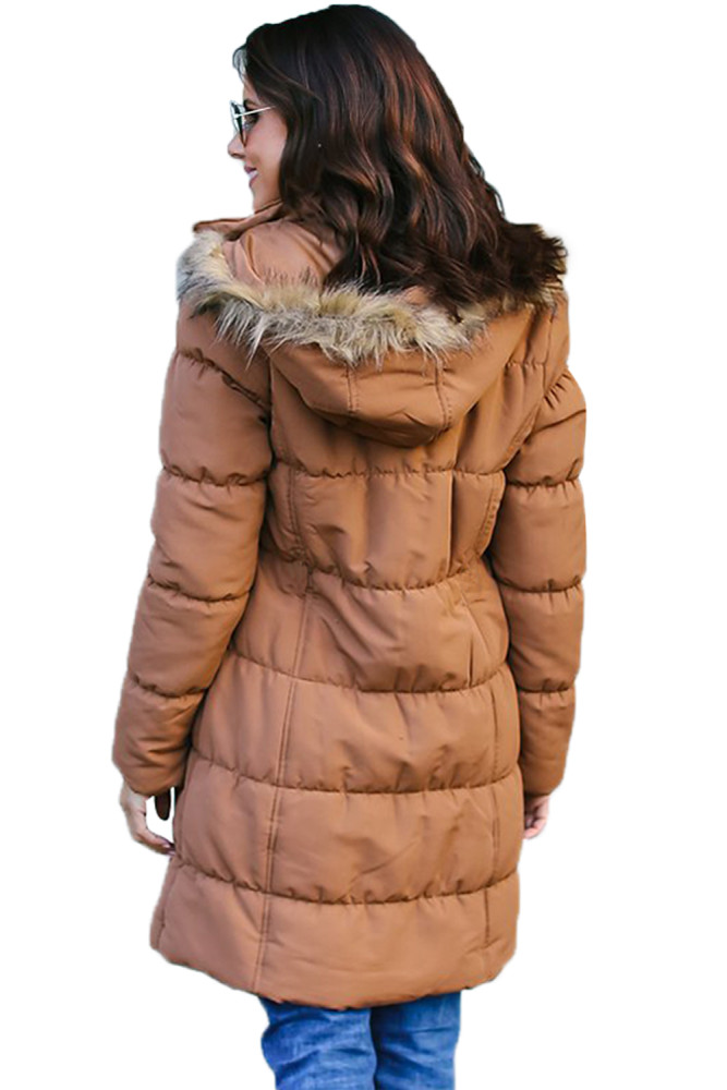 Camel Fur Trim Hooded Long Quilted Coat
