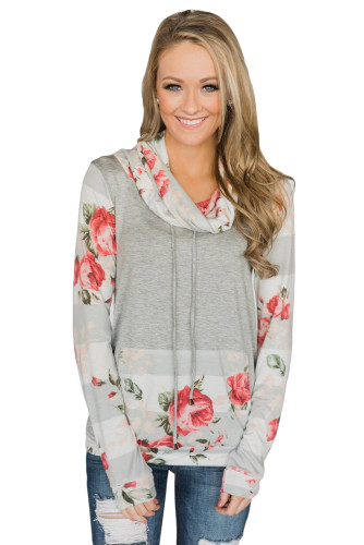 Gray Floral Striped Colorblock Sweatshirt