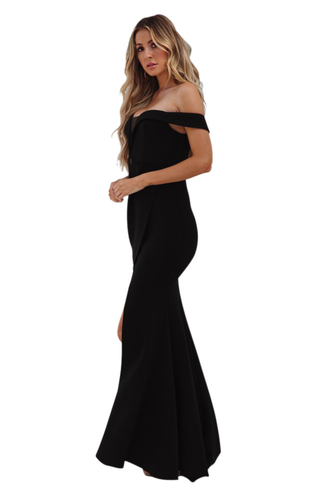 Black Off Shoulder Split Front Maxi Party Dress