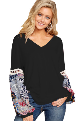 Printed Bubble Sleeve Splice Black Tunic Top