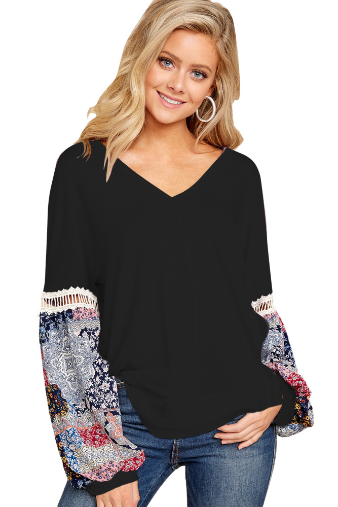 Printed Bubble Sleeve Splice Black Tunic Top