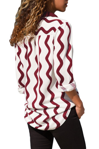 Burgundy White Wavy Stripes Button Down Blouse