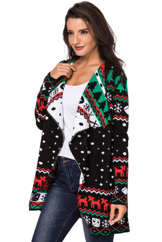 Black Christmas Snowland Turndown Collar Christmas Cardigan