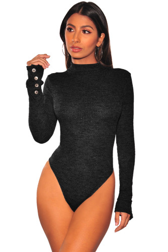Black Mock Neck Ribbed Knit Long Sleeves Bodysuit