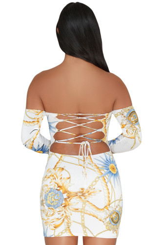 White Chain Print Lace Up Back Off Shoulder Boho Dress