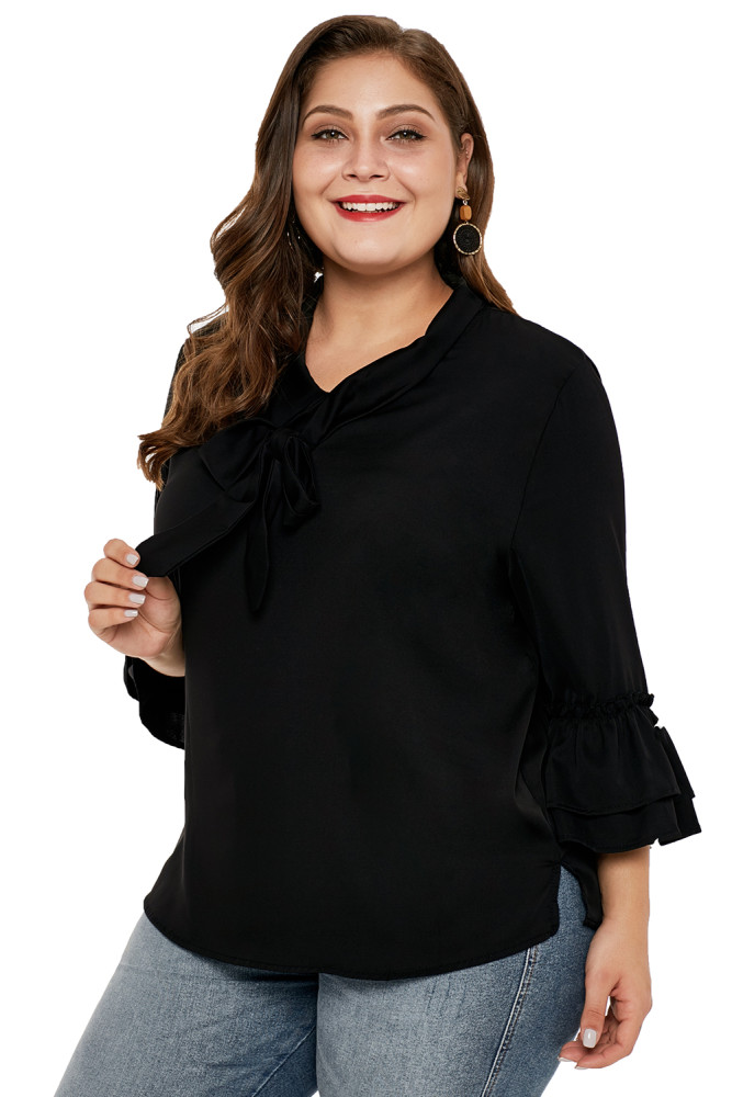 Black Tie Neck Ruffle Sleeved Plus Size Blouse