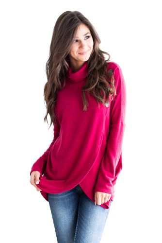 Rosy Button Cowl Neck Overlap Tunic Top
