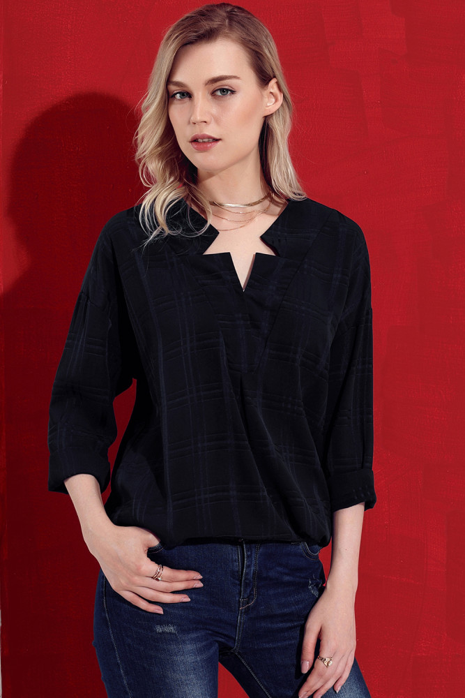 Blue Crepe Plaid Notched Neckline Blouse
