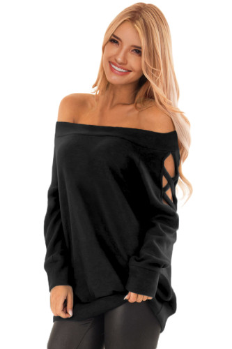 Black Crisscross Cutout Long Sleeve Off Shoulder Top