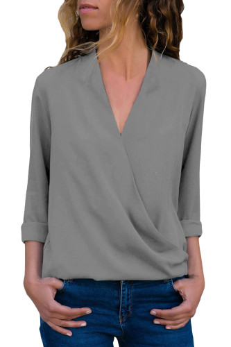 Grey Wrap Front Long Sleeve Blouse