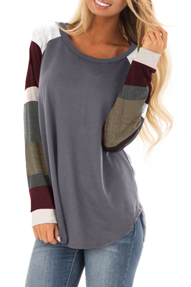 Color Block Long Sleeves Gray Pullover Top