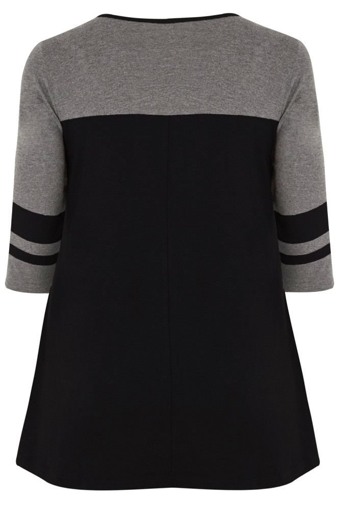 Black Charcoal Color Block Quarter Sleeved Plus Size Top