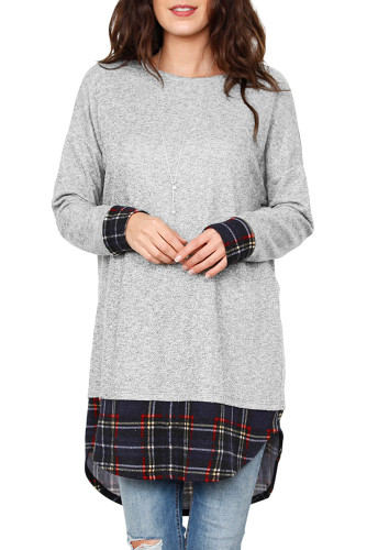 Plaid Splice Gray Long Sleeve Tunic Top