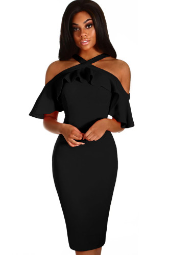 Black Frill Cold Shoulder Midi Dress