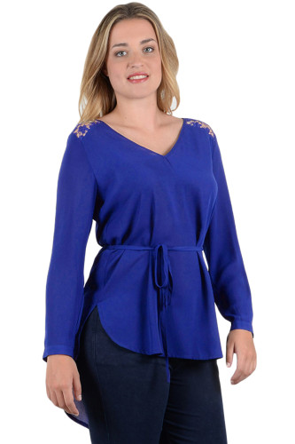 Navy Blue Lace Embellished Long Tail Plus Size Top