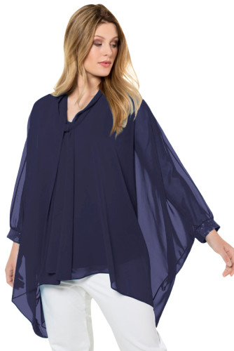 Navy Long Sleeve Chiffon Overlay Plus Size Blouse