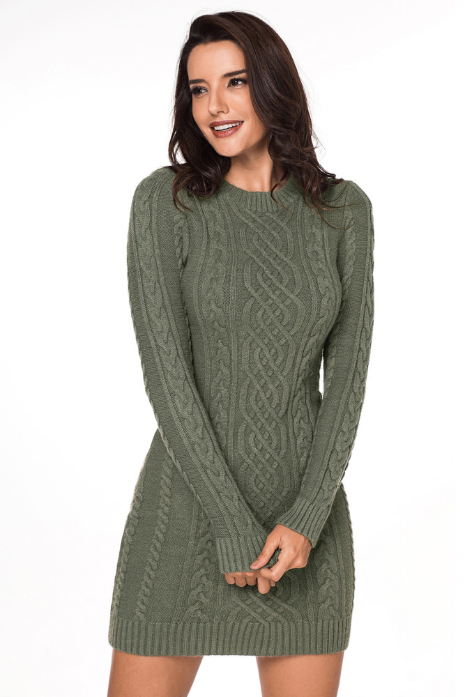 Army Green Slouchy Cable Sweater Dress