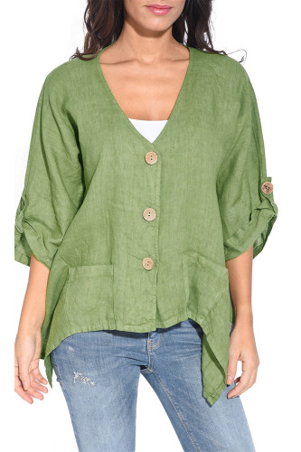 Green Roll Tab Sleeve Button Front Casual Shirt