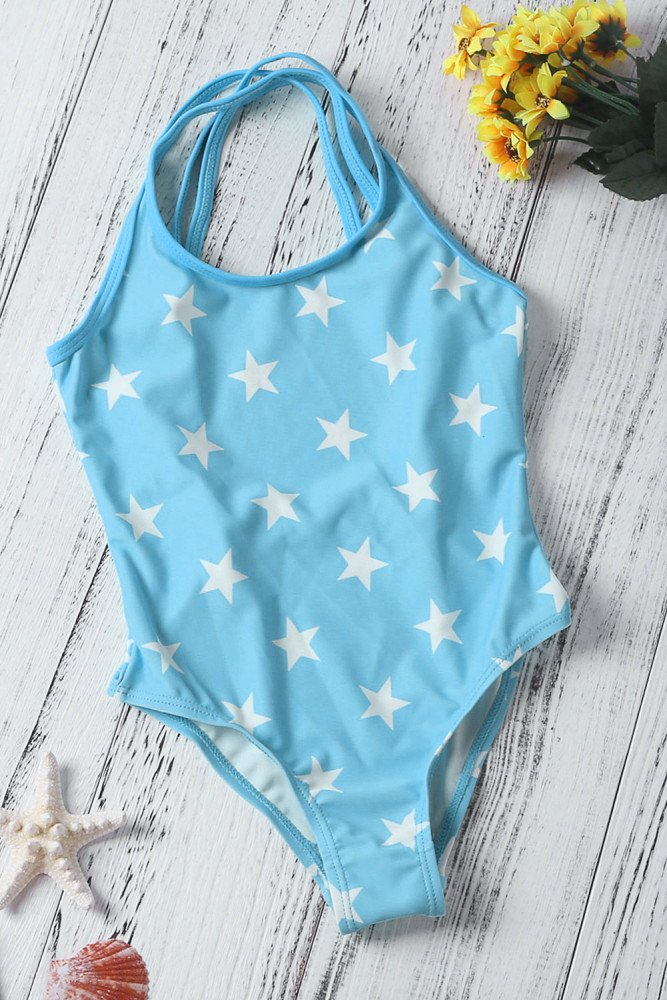 Duplicate Straps Stars Print Blue Maillot for Kid Girls