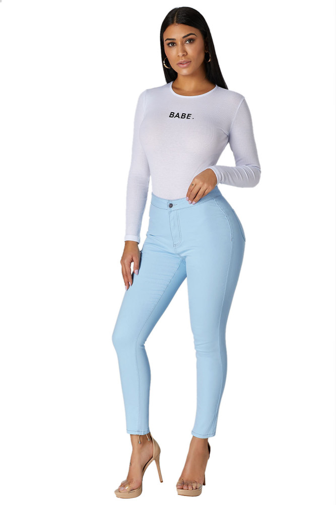 Light Blue High Waist Skinny Jeans with Round Pockets