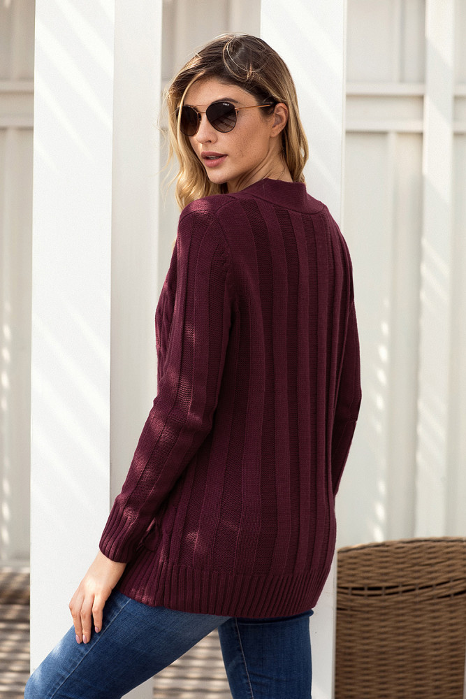 Wine Wooden Button Cardigan