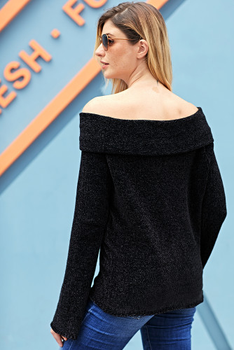 Black Soft Velvet Knit Off Shoulder Sweater