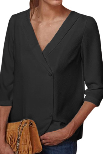 Black Button Back Lapel V Neck Blouse