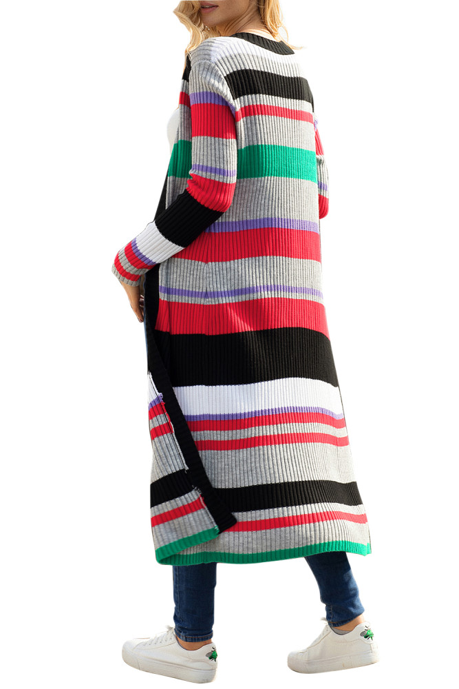 Colorful Striped Open Front Long Cardigan