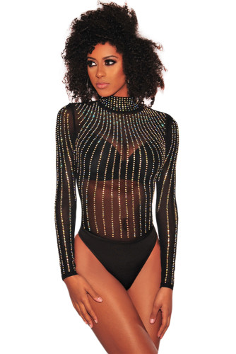 Black Iridescent Rhinestone Studded Mock Neck Long Sleeves Bodysuit