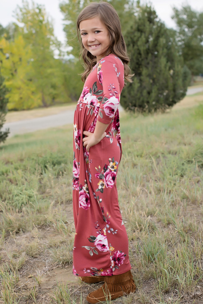 Rosy Floral Maxi Dress for Girls