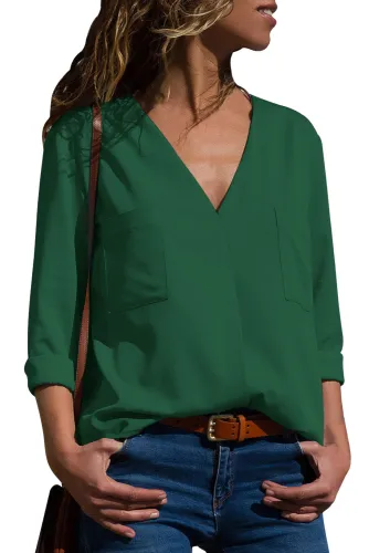 Green Pockets V-Neck Long Sleeve Blouse