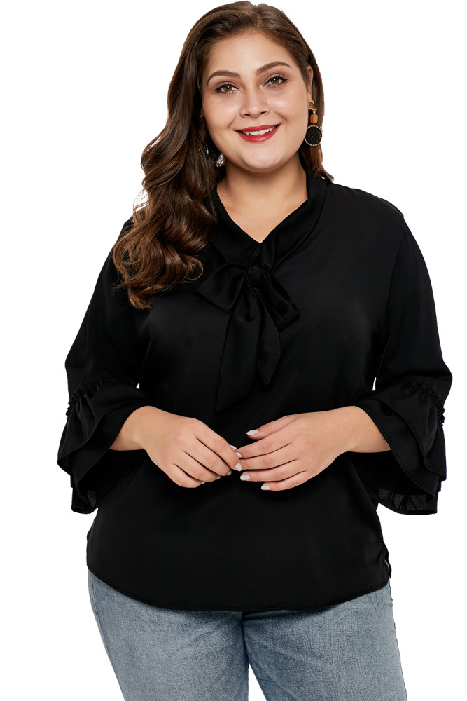 Black Tie Neck Ruffle Sleeved Plus Size Blouse