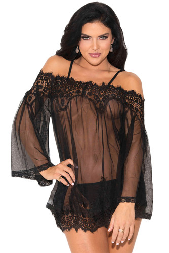Black Lace Mesh Strappy Chemise
