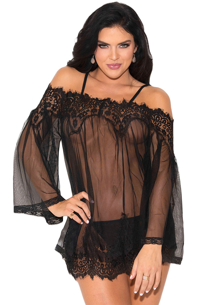 Black Lace Mesh Strappy Chemise