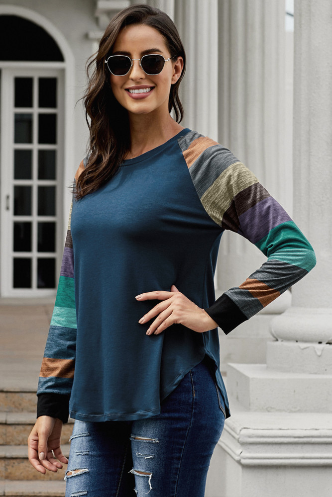 Color Block Long Sleeves Navy Pullover Top