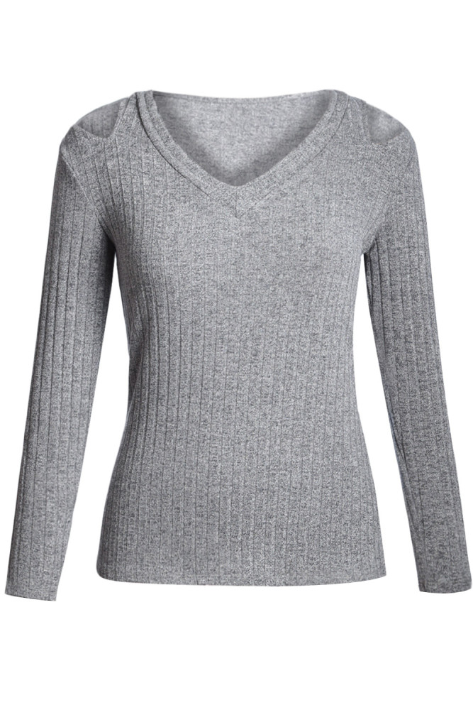 Gray Ribbed V Neck Cold Shoulder Top