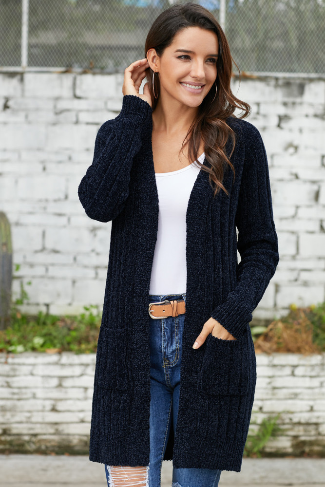 Navy Velvet Chenille Cardigan for Women