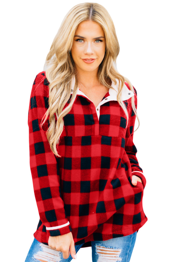 Red Plaid Fleece Pullover Sweatshirt