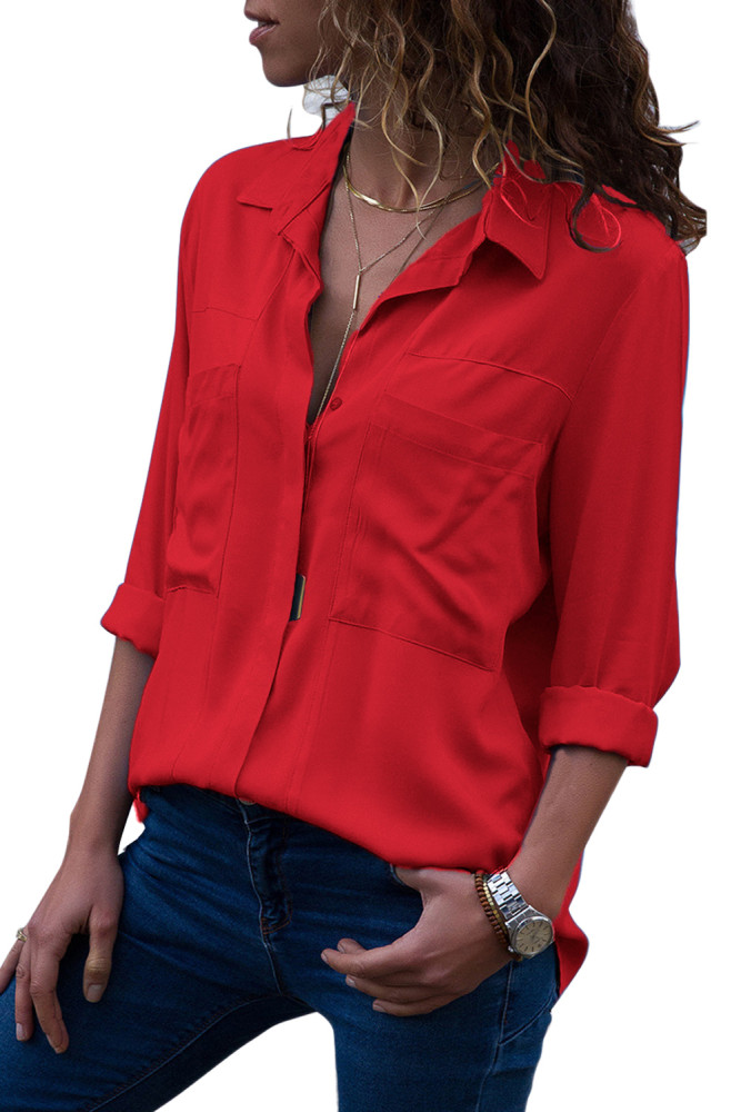 Red Covered Placket Button Down Shirt